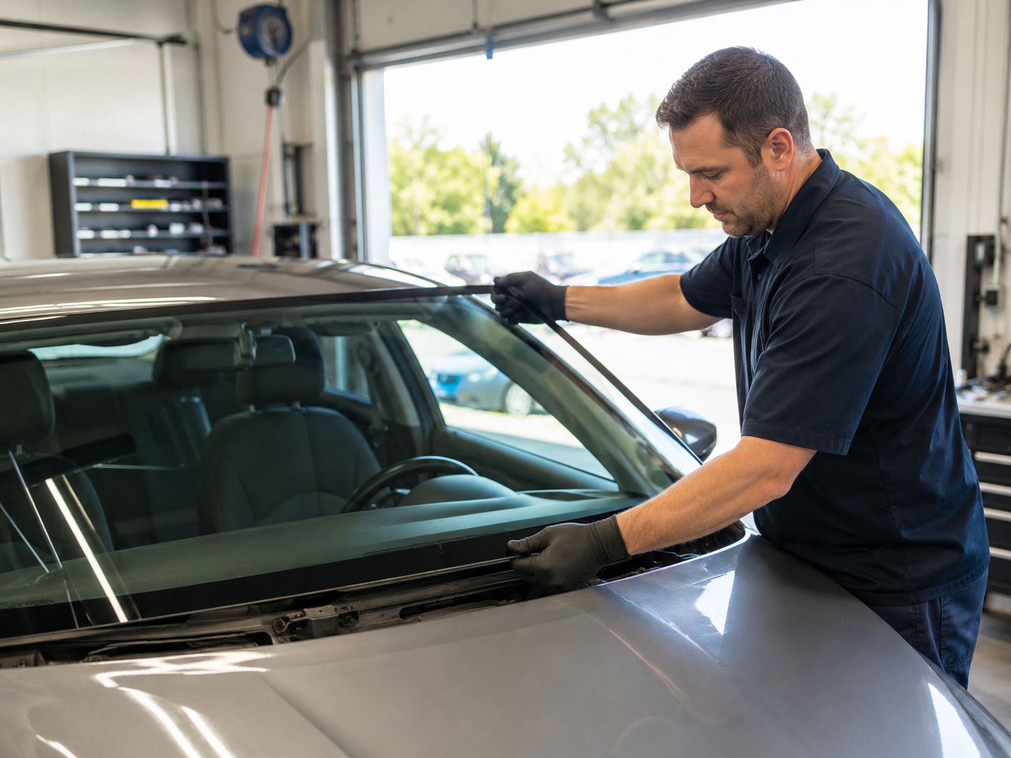 Auto technician in a navy uniform and black gloves installs a windshield on a silver car inside a workshop.