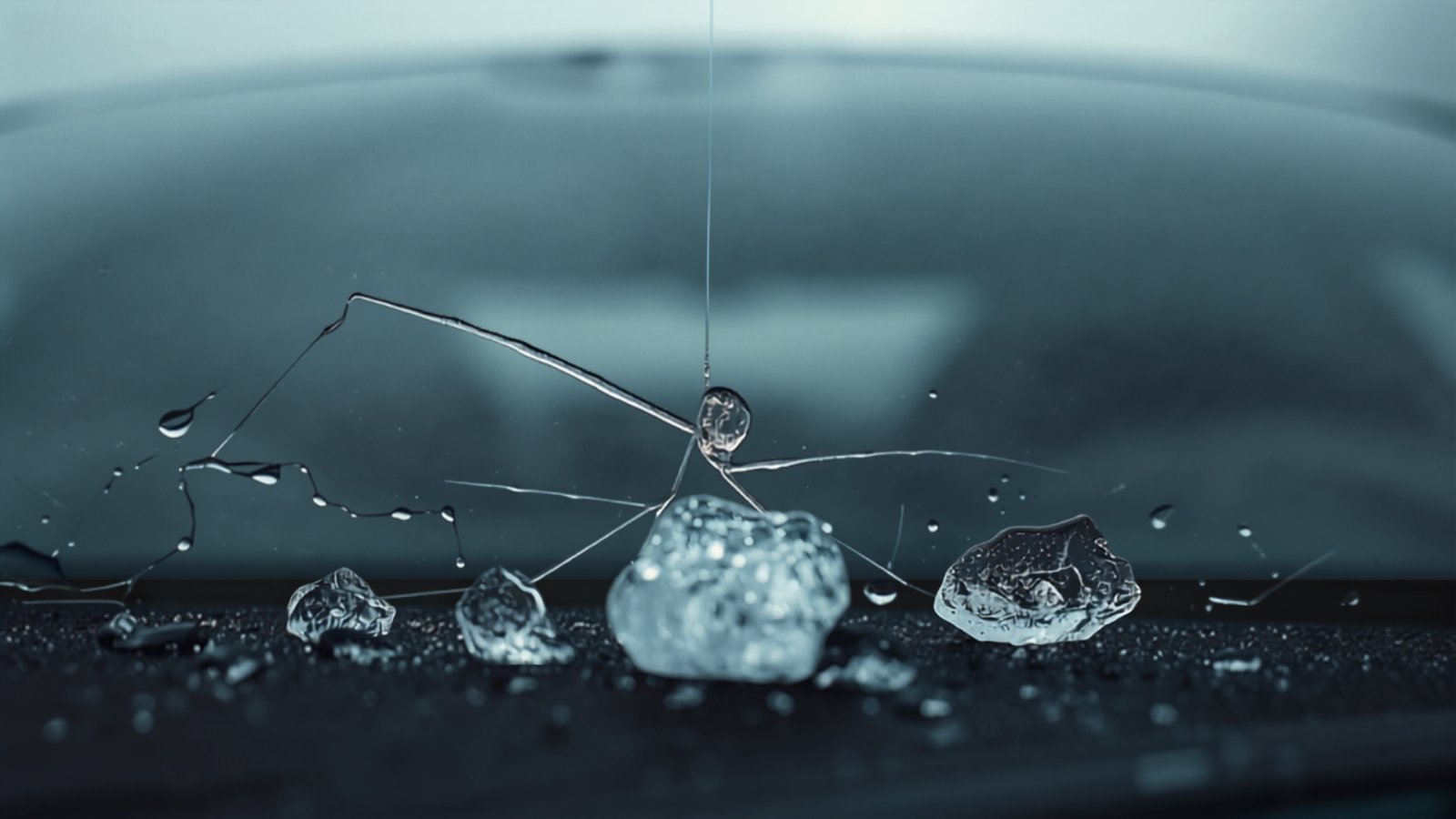 Car windshield with small hail impact chips and a thin crack, melting hailstones resting on the glass after a storm