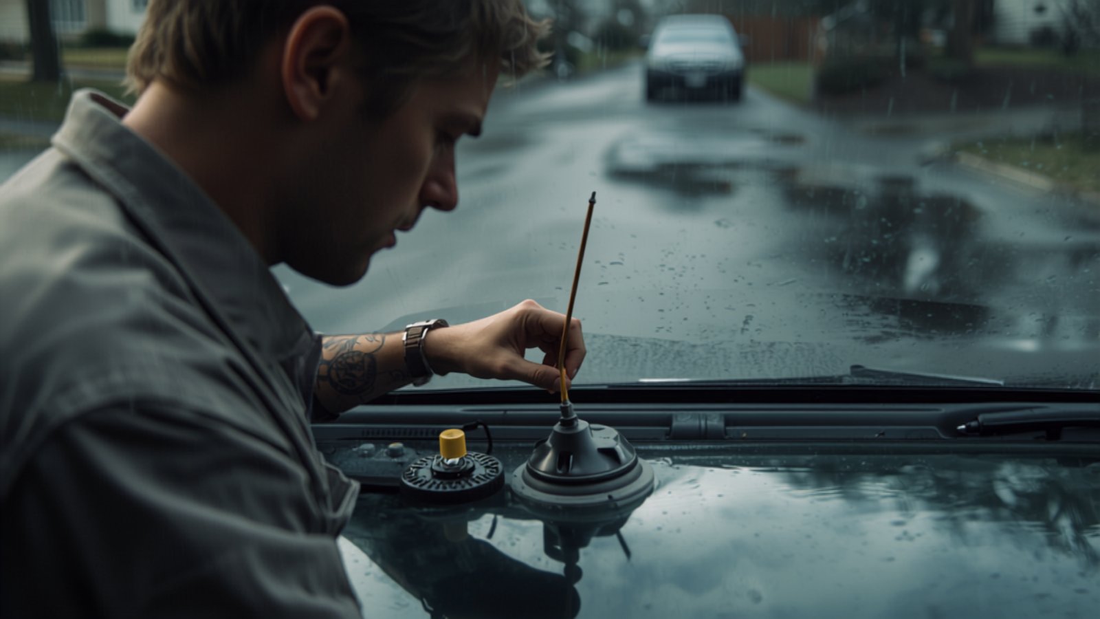 Technician performing a resin chip repair on a car windshield using a bridge-style repair tool in a driveway after rain