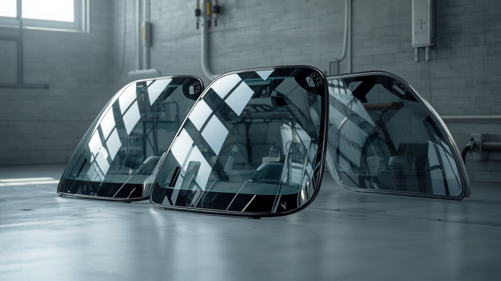 Three replacement automotive windshields leaning in a row against a warehouse rack in soft window light